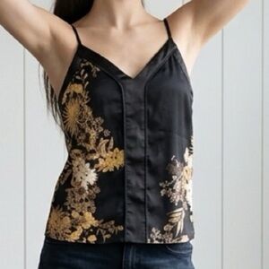 Black Satin Camisole Gold Floral Print Tank Top Luxe Y2K Sz S/M